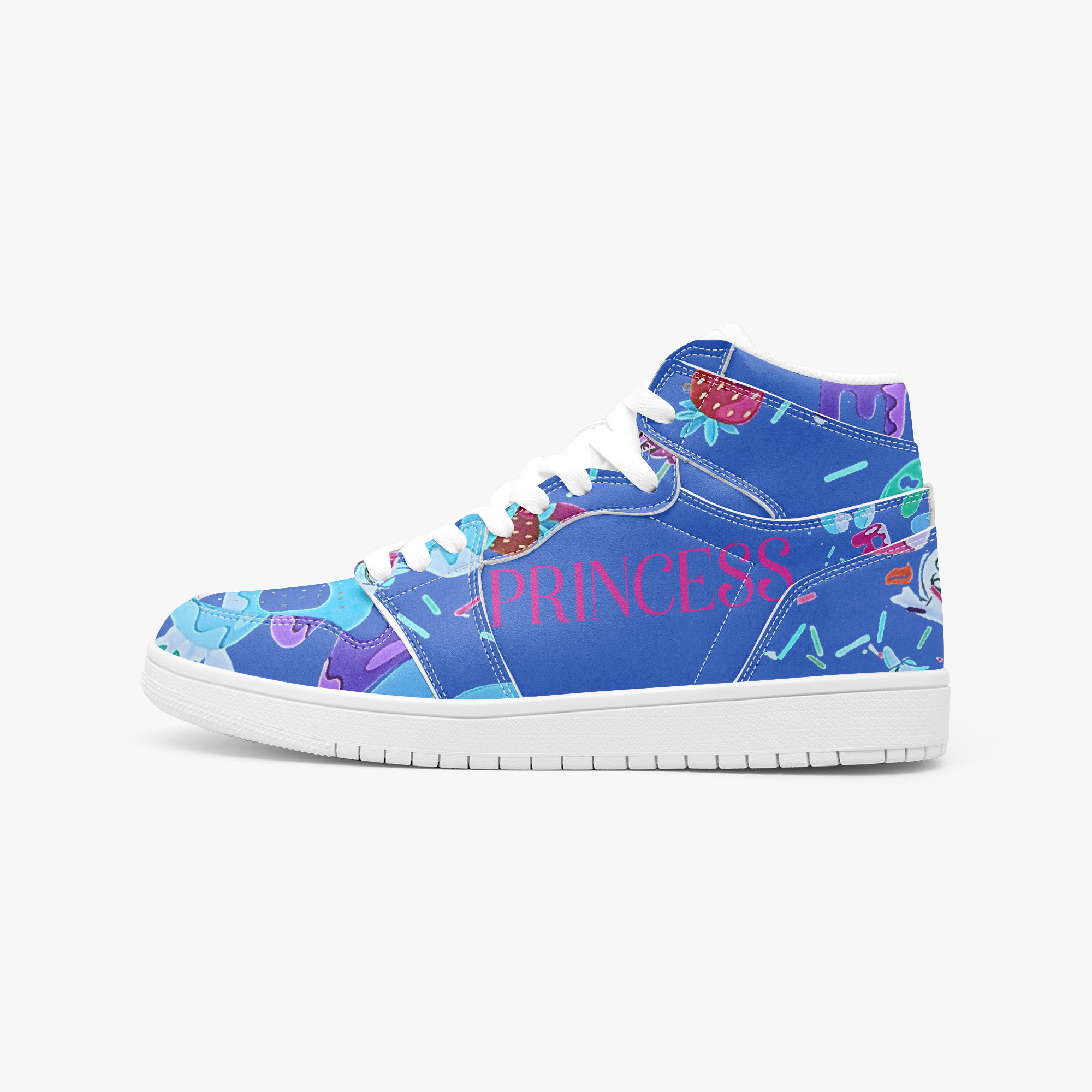 Kids MKings cobalt blue high-top sneaker with ice cream graffiti print