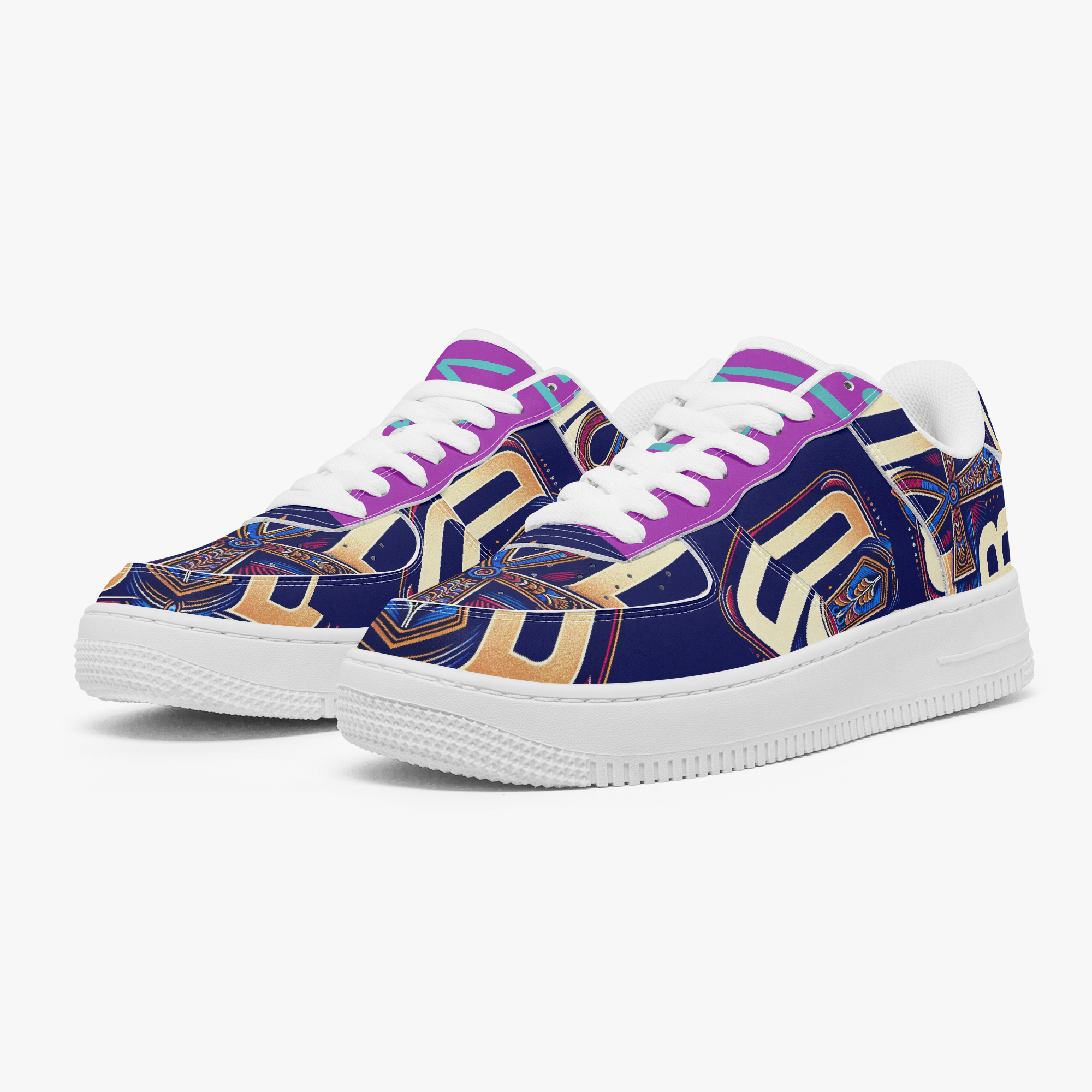 Walk Like Gods navy low-top sneaker with gold ankh artwork and purple accents