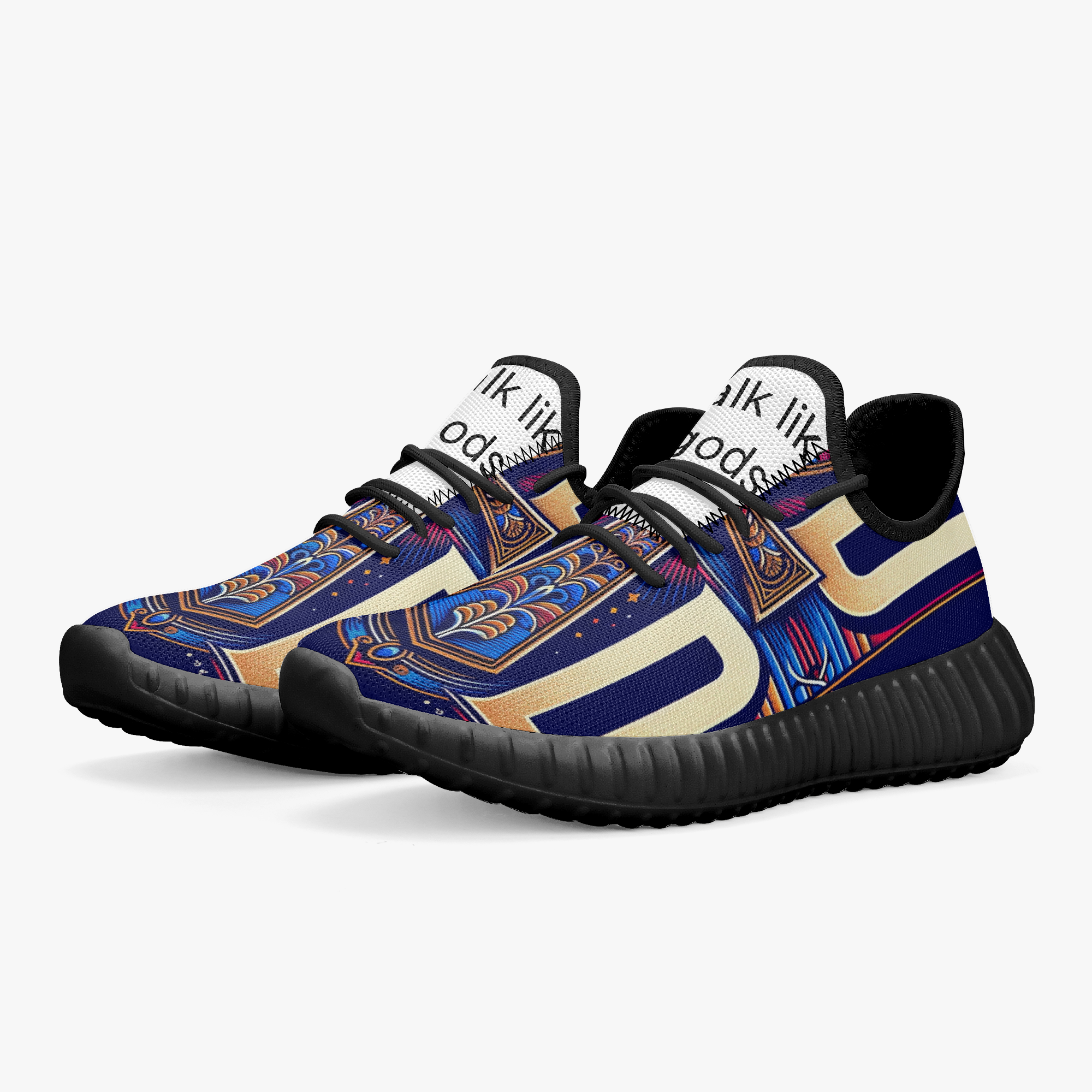 Blue Feathers navy knit runner with cobalt feather artwork and gold accents